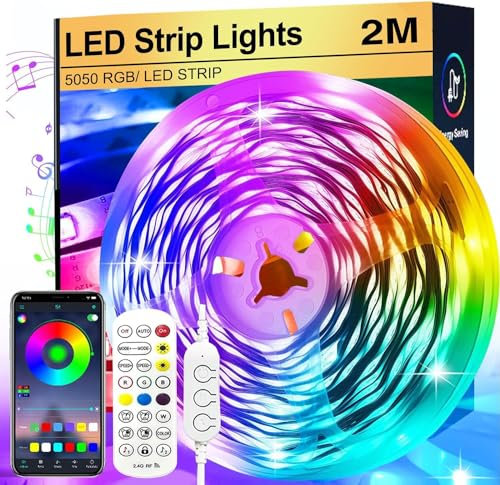 FUPT 2M Ruban Led, Bande Led 5050 RGB, Télécommande Multicolore Flexible Led Ruban, Synchronisé Avec La musique, Convient Pour La Musique A La Maison, Salon, Cuisine