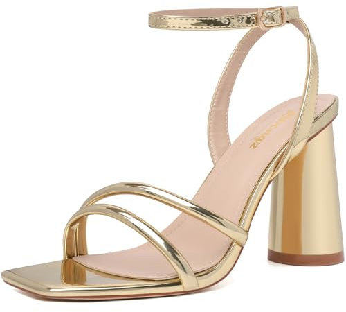 RIBONGZ Gold Prom Heels for Women Strappy High Block Heels Square Open Toe Ankle Strap Sexy Chunky Heeled Sandals Wedding Bridal Shoes High Heel Sandals for Party Dress 8