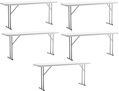 BTEXPERT Set of 5, 5-Foot - 60 Long White Plastic Folding Seminar Training Table Portable 18 Wide Narrow, 29 High, Events Indoor Outdoor Lightweight