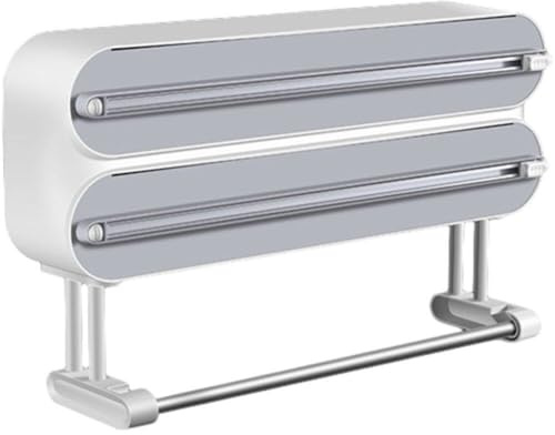 Fituenly Cling Film Dispenser with Cutter, 3 in 1 Kitchen Roll Holder Wall Mounted Refillable Aluminum Tin Foil Dispenser with Paper Towel Holder