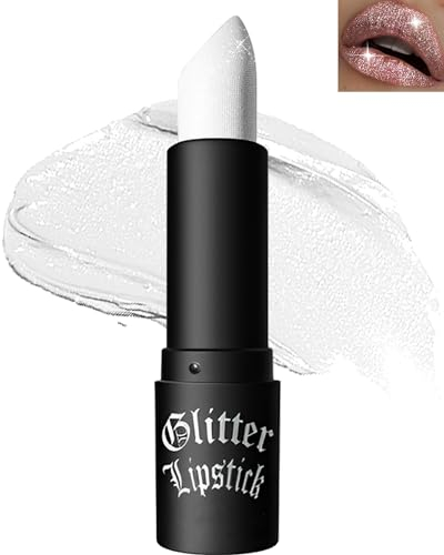 Glitzer-Lippenstift, Wasserdichter Lang anhaltender Lipgloss, Diamond Metallic Funkelnder Matt Lippenstift, Matte Glitter Lipstick Lip Gloss für Frauen Lippen Make-up, Geschenk zum Halloween-01 Weiß