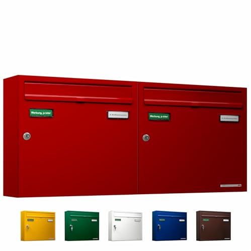 AL Briefkastensysteme Basic 2er Briefkasten RAL 3000 Feuer Rot 2 Fächer DIN A4 wetterfest Briefkastenanlage mit Posthaltebügel und 2 Namensschildern