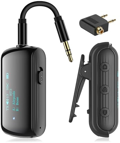 YOCOWOCO Bluetooth Transmitter Receiver for 2 AirPods/Headphones, Flight Bluetooth 5.2 Adapter for Airplane, TV, and Gym with a 3.5mm Audio Jack, Wireless BT Receiver with Mic for Car/Home Stereo