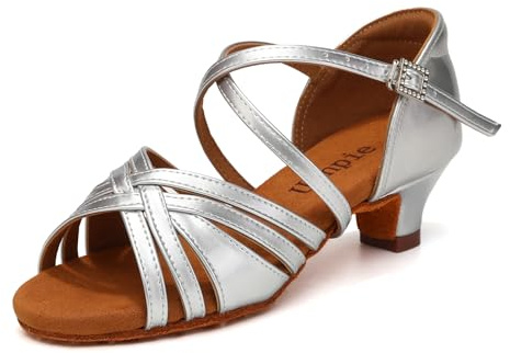 Uonpie Latino-lounge dansskor för kvinnor 4 cm klack dansskor för barn i satin, Silver, 38.5 EU