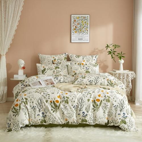 Luowei Baumwolle Bettwäsche 135x200 Blumen 2-Teilig Bettbezug Weiß Grün Pflanzen Bettwäsche Sets mit 1 Kissenbezug 80x80cm Oeko-Tex Zertifizierung WendeBettwäsche mit Reißverschluss