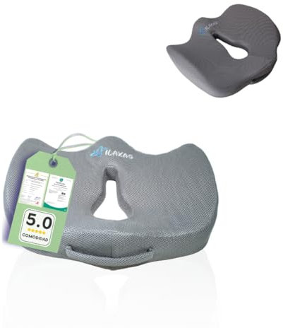 ILAXAS - Cojín Antiescaras Viscoelástico para Silla de Oficina y Coche | Cojín Ergonómico Premium para Alivio del Coxis y Dolor Lumbar | Ideal para Sillas de Ruedas y Gaming | Funda Lavable (Gris)