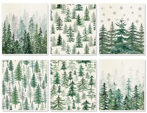 6Pcs Christmas Swedish Dishcloths Watercolor Forest Pine Tree Kitchen Towels Winter Xmas Reusable Cotton Absorbent Dish Towels for Home Party Housewarming Cleaning, 7 x 8 Inch