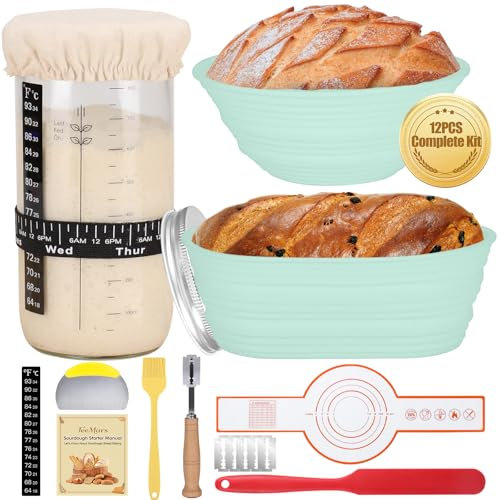 Sourdough Bread Starter Kit, 34oz Sourdough Starter Jar, Bread Sling for Dutch Oven, 2 Bread Proofing Baskets, Thermometer, Time Tracker, Metal Scraper, Sourdough Bread Baking Supplies - Green