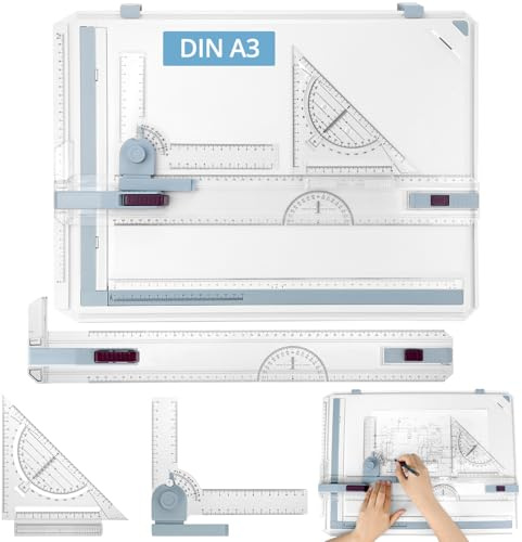 QWORK® Tablero de Dibujo DIN A3, Tablero de Dibujo Multifuncional con Herramientas de Medición y Precisión Ajustables