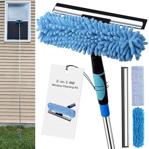 13.2Ft Extendable Window Cleaner, 2-in-1 Window Cleaning Equipment, Telescopic Long Window Cleaning Tool for High Windows, Home and Office Use, with 2 Microfiber Cloth & Squeegee Blade (Blue)