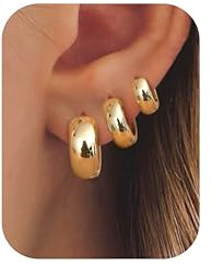 FIOROYAL 3 Paare Dicke Goldhoop Ohrringe Damen 14k Gold/925 Silber Creolen Set Hypoallergen Klobig Gold Creolen Leicht Breit Ohrringe (G)