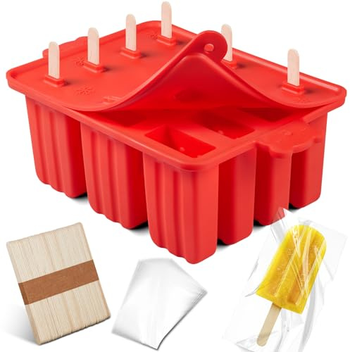 popsicle molds, Silicone ice pop mold Food Grade cakesicles mold for ice cream 50 popsicle sticks 50 popsicle bag (Red, 12 Cavities)