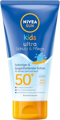 NIVEA SUN Kids solcreme, omedelbar och långvarig solskydd för barn, vattentät, sand och svettbeständig, ultraskydd och vård sollotion med SPF 50+ (150 ml)