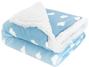 Acomoda Textil - Manta para Bebé Estampada con Nubes, Manta de Cuna 100x140 cm. Manta Bebé con Borreguito Suave, Cálida y Ligera. (Azul)