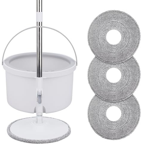 Set di mocio piatto a 360° e secchio, mocio rotante con strizzatore rotante, funzione lavaggio a secco, separa l'acqua pulita e sporca, manico telescopico con 3 panni riutilizzabili per tutte le