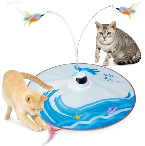 Toozey Interaktives Katzenspielzeug mit 3 abnehmbaren Federn, Elektrisches Katzenspielzeug mit Federautomatik & USB-Aufladung, Selbstbeschäftigungspielzeug für Katzen jeden Alters, Blau