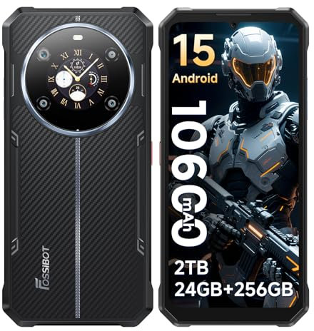 FOSSiBOT Telefono cellulare da esterno Android 15, display da 6,745 pollici con schermo posteriore rotondo da 1,32 pollici, smartphone da esterno senza contratto, 24 + 256 GB/2 TB, 10600 mAh, 50 MP+16