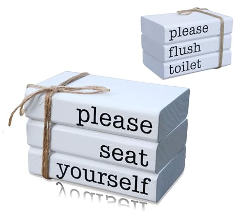 GNIYNAY Farmhouse Tini Bathroom Sign Decor Funny Wooden Book Stack for Bathroom Tray Shelf Sitter Reversible Mini Book Set of 3 for Restroom Wooden Rustic Sign