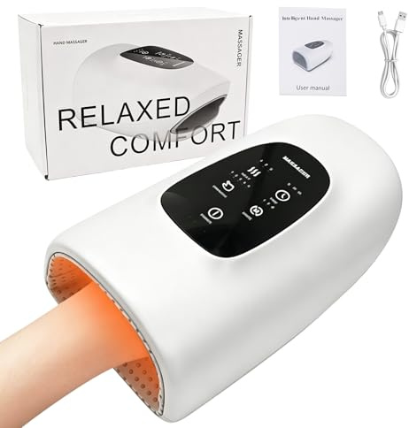 Masajeador eléctrico de mano, masajeador de manos inalámbrico con 3 masajes, 3 temperaturas, 5 niveles de prensa, masajeador de dedos, el mejor regalo para familiares y amigos (blanco)