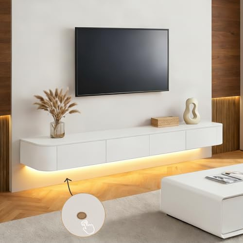 Ribanedy Modernes Schwebendes TV-Regal mit LED-Beleuchtung | Wandmontierte Unterhaltungsmedien-Konsole | Großes Aufbewahrungs-TV-Bank für Wohnzimmer & Büro (Weiß, 140cm)