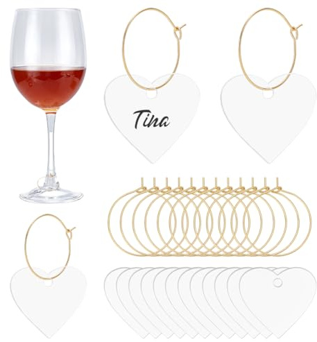 UNICRAFTALE 50Pcs Acrylic Wine Glass Label Ring Metal Hoop Earring Markers Wine Glass Charms with Heart Rings for Stem Cocktail Champagne Wedding Dinner Party Favor