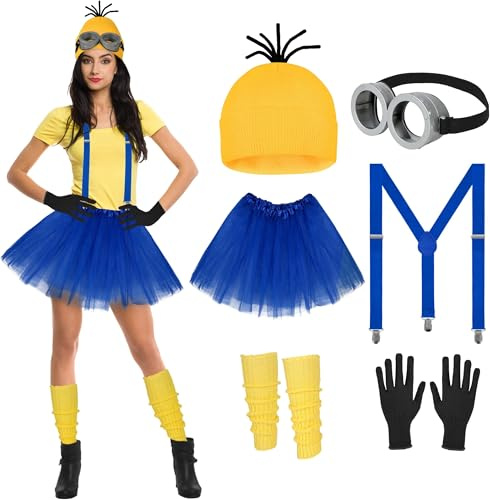 QTUN 4 Pièces Accessoires de Déguisement Jaune pour Adultes, Kit de Costume Cosplay Amusant avec Bonnet, Lunettes, Gants et Bretelles, Idéal pour Carnaval, Fête à Thème et Halloween