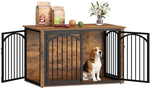 Fobyfurny Hundekäfig Möbel, 100 x 60 x 63 cm, Vintagebraun und Schwarz | Hundebox für Zuhause, 4 Türen, Moderne Hundebox Holz, Beistelltisch, für Mittelgroße bis Große Hunde, Innenräume FPDC002FD1