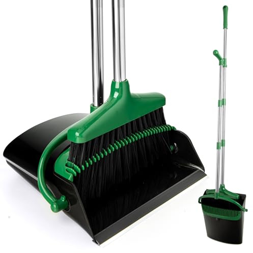 XXFLOWER Dustpan and Brush Sets Long Handle Broom and Dustpan Set with Comb Teeth Upright Sweeping Brush Set for Indoor Kitchen (Black Green)