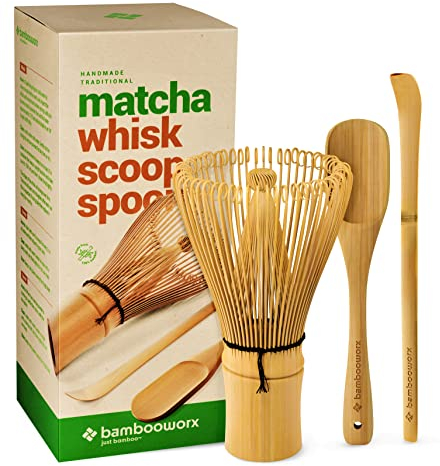BambooWorx Matcha Whisk Set - (Chasen), Traditional Scoop (Chashaku), Tea Spoon. The Perfect Sets to Prepare a Traditional Cup of Japanese Tea, Handmade from 100% Natural Bamboo