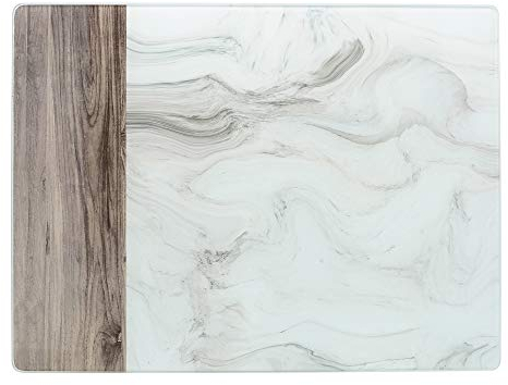 Creative Tops Premium Glass Worktop Protector/Worktop Saver with White Marble and Wood Design, White/Grey, 40 x 30 cm