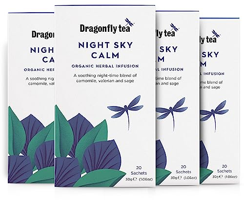 Dragonfly Night Sky Calm Tea (80 Teabags), Organic Plastic-Free Compostable Tea Bags (Pack of 4 x 20) Caffeine-Free Camomile Herbal Night Time Calming Relaxation Sleep Tea