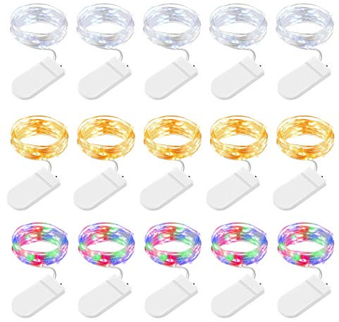 BROTOU LED String Lights 15 Pack, 2M 20 LED Battery Operated Fairy Lights, Waterproof Silver Wire Lights for in/Outdoor Decoration, DIY Parties of Christmas, Halloween, Valentine, Birthday(3 Colors)