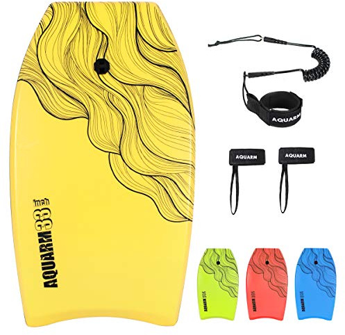 AQUARM 33 inch Bodyboard with Premium Wrist Leash and Fin Tethers, Super Lightweight & Slick Bottom Perfect Surfing for Kids Teens and Adults (Yellow)