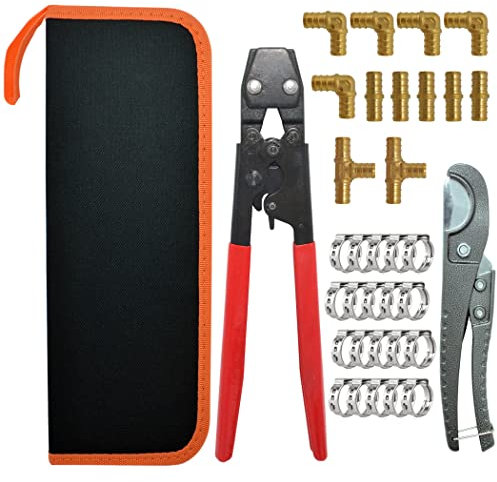 TT Flex Brass PEX Fittings All in One Kit with 12 Pcs 1/2 Tee Elbow Coupling Pipe Fittings，Pex Cinch Clamp Fastening Tool,Pipe Cutter and 20 Pcs 1/2 PEX Clamps