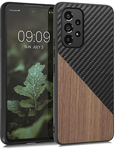 kwmobile Coque Compatible avec Samsung Galaxy A53 5G - Housse en Bois et Fibre Carbone Brun foncé-Noir
