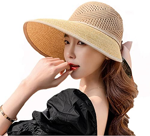 Femme Casquette Visière Été Capeline Respirant Chapeau de Paille Large Bord Protection Solaire Chapeau de Soleil Plage Réglable Bob Pliable Chapeau de Seau UPF 50+ Anti-UV pour Voyage Vacances Pêche