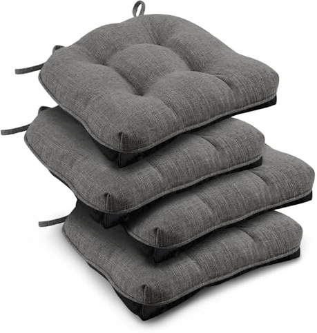 downluxe Indoor Chair Cushions for Dining Chairs, Tufted Overstuffed Textured Foam Kitchen Chair Pads with Ties and Non-Slip Backing, 15.5 x 15.5 x 4, Dark Grey, 4 Pack