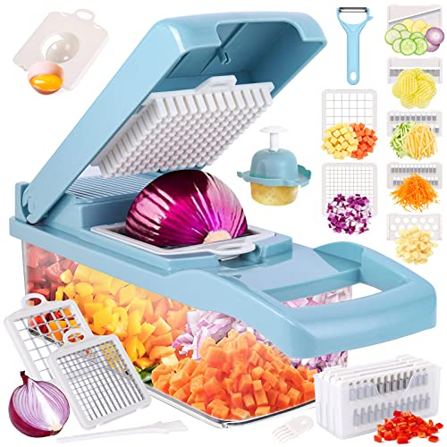 Pro Onion Chopper - 10 in 1 Kitchen Mandoline Slicer, Dicer, Cutter for Vegetables, Salad, Carrot & Garlic - Blue