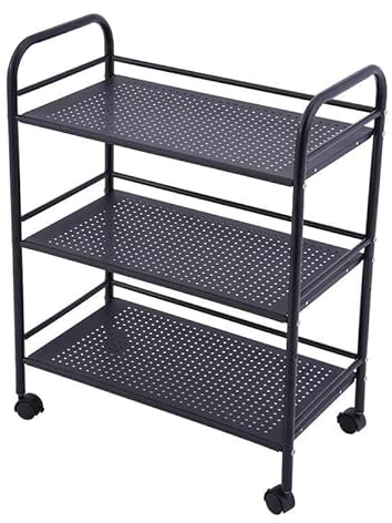 Multibao Black Metal 3-Tier Kitchen Car Shelf Utility/Service Cart Storage Trolley with Locking Wheels for Hotels, Restaurants - 60cm x 32cm x 75cm