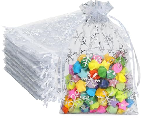 G2PLUS 13x18 CM Organzasäckchen Weihnachten Weiß, 50 Stück Groß Geschenk Organzabeutel, Schneeflocke Organzasäckchen mit Kordelzug für Geschenk Weihnachten Deko