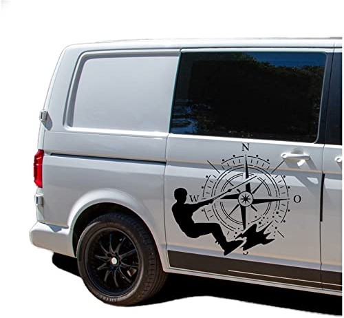 Autoaufkleber Kompass Sport Wakeboard 60x69cm Windrose Sticker Folie für Auto Wohnwagen Anhänger Aufkleber Selbstklebend Kfz Zubehör KX072 KX073 (Kompass schwarz, Wakeboard Schwarz)