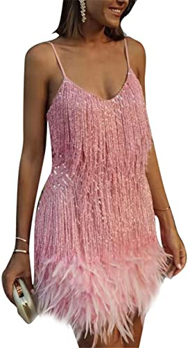 kewing Women Flapper Dresses 1920s Gatsby V Neck Cocktail Dress UK Spaghetti Tassel Feather Stitching Dress Vintage Layered Fringe Clubbing Dress