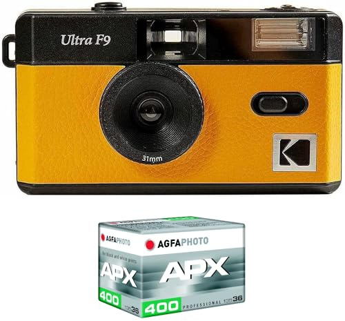 KODAK Pack F9 Argentique + Pellicule 400 ASA - Appareil Photo Rechargeable 35mm Jaune, Objectif Grand Angle Fixe, Viseur Optique, Flash Intégré + Pellicule APX 00, 36 Poses