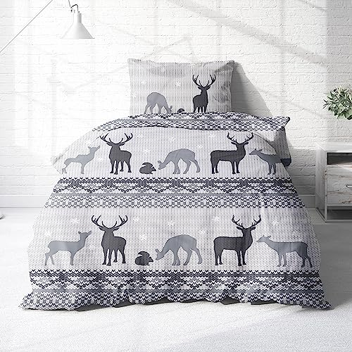 Träumschön Biber Bettwäsche Set 2tlg 135x200 cm + 80x80 cm – Flauschige Weihnachtsbettwäsche Grau – Weiche Winterbettwäsche zu Weihnachten - Atmungsaktiv, Warm & Hautfreundlich - 100% Baumwolle