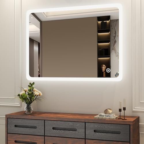 Boromal LED Badspiegel mit Beleuchtung 50x70cm Badezimmerspiegel 3 Lichtfarbe Dimmbar 3000-6500K 2410LM Kaltweiß Neutral Warmweiß Wandspiegel Lichtspiegel LED Spiegel mit Touch Schalter