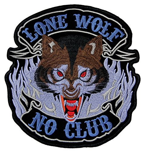 Großer Lone Wolf No Club Rückenpatch – 21,5 x 23,6 cm – Gestickter Aufnäher für Biker, Rückenaufnäher, XXL Flicken, Patch Backpatch für Motorradjacken, Kutten, Lederwesten – Hochwertige Stickerei