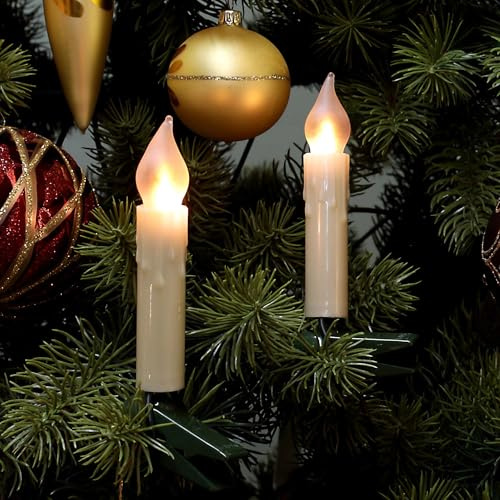 hellum Lichterkette innen ivory 20 LED-Filament Wachstropfen Flammeneffekt | Made in Germany warmweiß, Lichterkette Christbaum mit Clip, 11,70m beleuchtet, Kabel grün, teilbarer Stecker <59lm 815108