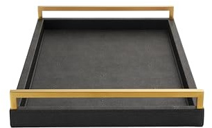 Generic Sagala 45,7 cm großes Serviertablett aus schwarzem Holz mit gebürsteten goldfarbenen Griffen, Shagreen-Leder, dekoratives Tablett, Couchtisch, großes Ottoman-Tablett für modernes Wohnzimmer,