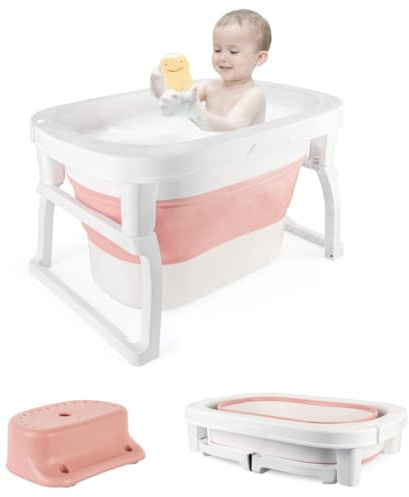 OHMG Faltbare Babybadewanne mit Hocker, tragbares, rutschfestes Duschbecken auf Fuß, für 0-3 Jahre, Abflusslöcher