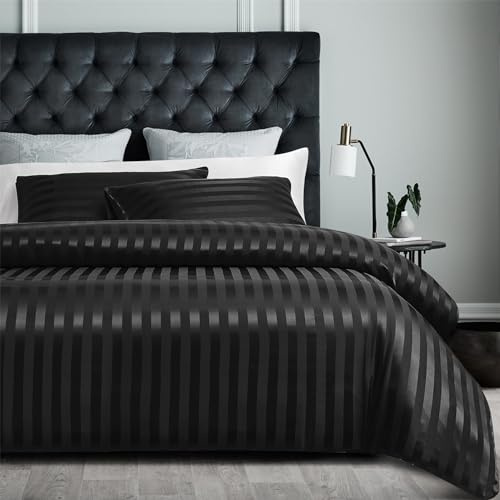 YASMENG Copripiumino in raso 200x200 nero a righe brillante deluxe, parure da letto in raso morbido setoso seta, biancheria da letto per 2 persone adulti con cerniera lampo con federe 65x65 cm